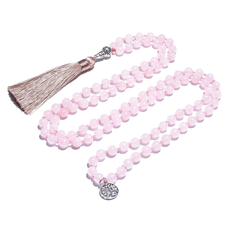 108 Mala Prayer Beads Necklace Natural Stones Meditation Yoga Jewery 108 Hand Knotted Japa Mala Beaded Long Tassel Necklace with Tree of Life Pendant for Men and Women