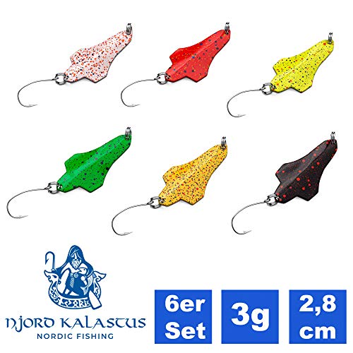 Njord Kalastus Trout Spoon Forellenköder-Set Forellenteig Imitation, Spinner Angelköder-Set, UL Forellen Blinker Angelset mit Einzelhaken, Kunstköder Spoons Forelle Blinkerset 3g Bunt (6er Set)