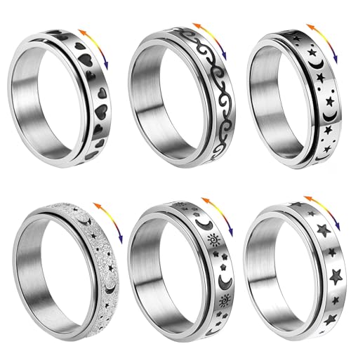 APMGONT 6 Piezas de Acero Inoxidable Anillo Conjunto Hombres Spinner Anillos para Mujeres Fidget Banda Anillos para Mujeres Hombres (Modelo plateado 2, 22)