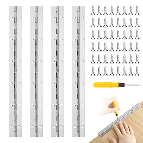 JNWYH 4 cintas bisagra de piano acero inoxidable, robustas bisagras, tornillos incluidos, para pianos, puertas de armarios, con destornillador, 48 tornillos