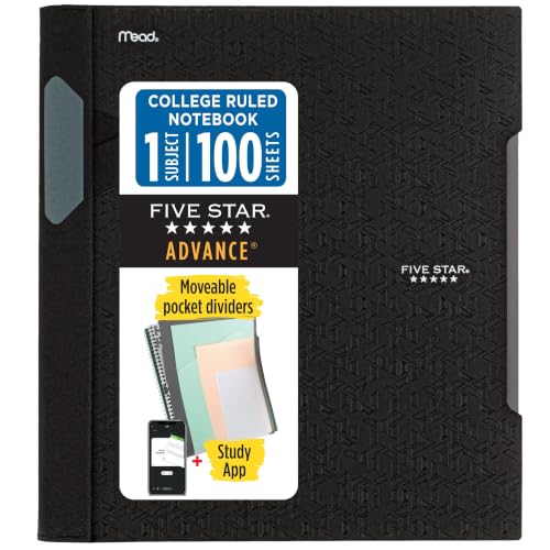 Five Star Advance Spiral Notebook + Study App, 1 Subject, College Ruled Paper, 8-1/2" x 11", 100 Sheets, Spiral Guard, Movable Tabbed Dividers, Black (820012A-ECM)
