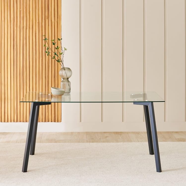 Image of Home Centre | Helios Paul 6-Seater Dining Set with Chairs | Fabric | Tempered Glass Top | Beige | 1 Year Warranty