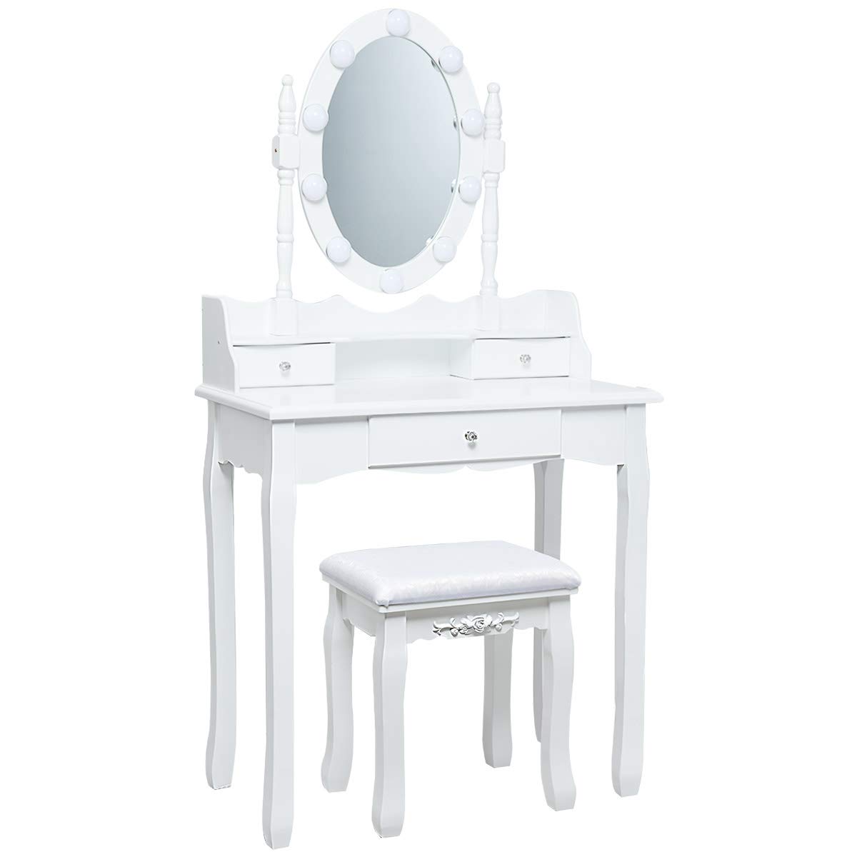 COSTWAY Tocador de Maquillaje con LED,Espejo Giratorio y Taburete Mesa de Cosmético con 3 Cajones para Dormitorio Habitación (Blanco)