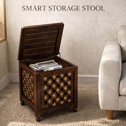Image of Wooden Storage Stool with Lid | Handcrafted Multipurpose Stool for Sitting, Side Table & Storage | Solid Wood Square Ottoman for Living Room & Bedroom (Modern)