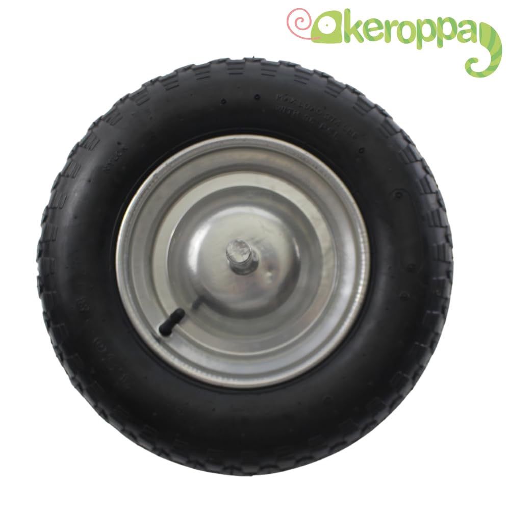 Keroppa, Rueda Neumática para Carretilla, Eje 27 cm, Rueda para Carretilla de Obra, Caucho, Diámetro de 37 cm, Con Llanta y Eje Metálico, Resistente, Duradera, Negro