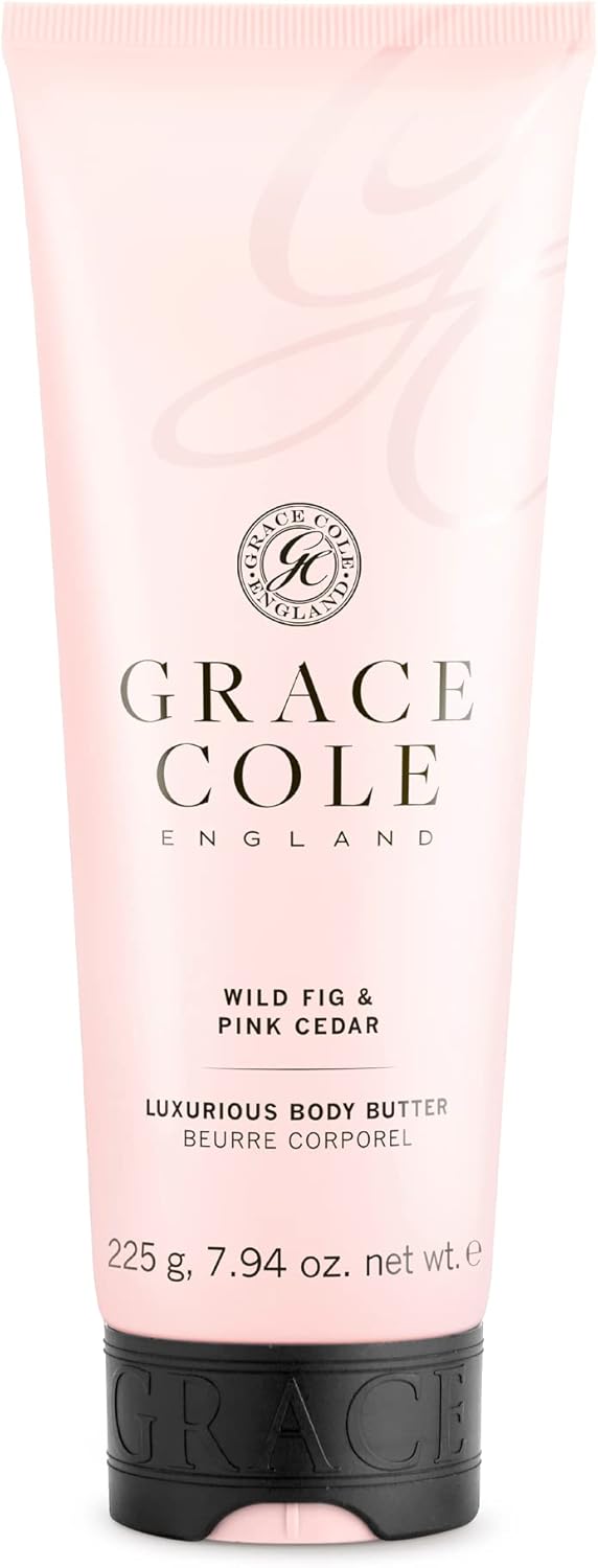 Grace Cole Wild Fig & Pink Cedar Scented Shea Body Butter 225ml. Refreshing and Moisturising – Essential Oils – Vegan and Cruelty Free, No SLS or Parabens – Made In England