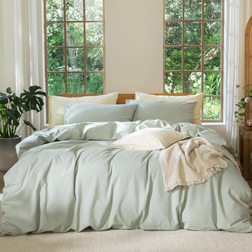 Image of MooMee Duvet Cover Set 100% Washed Cotton Linen Like Super King | Relaxed Linen-like Texture. Soft, Breathable & Long-lasting Comfort. Lightweight. Hidden Zipper with 8 Interior Corner Ties