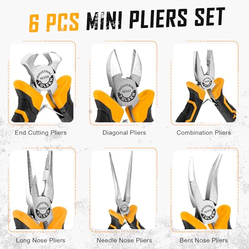 TOLSEN 6-Piece Mini Pliers Set, Needle Nose, Diagonal, Long Nose, Bent Nose, End Cutting and Combination Pliers for Making Crafts, Repair Electronic and Jewelry, with Pouch - image 7