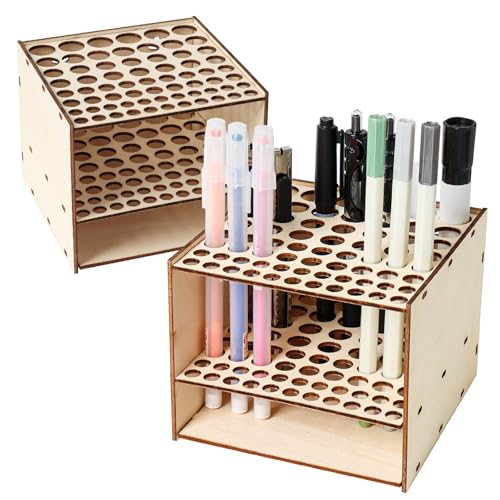 Image of 2 Pack Wooden Paint Brush Holder 67 Holes Wood Paint Brush Rack Paintbrush Holder Organizer for Colored Pencils Brushes
