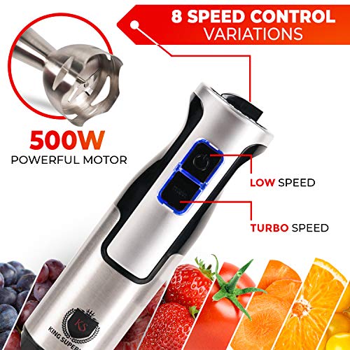 King Superior Upgraded Immersion Hand Blender With 500W Stainless Steel Stick, 2-Cup Food Processor, 2 ½-Cup Beaker, Power Whisk, Bpa-Free #TOP4