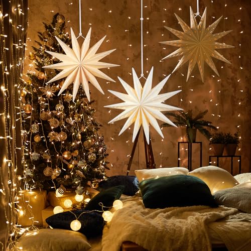 Image of SUNBEAUTY 14-Pointed 18 Inch Hollow Out Paper Star Lanterns Brown White Christmas Lanterns Hanging Lamp Paper Decorations Shade Wedding Birthday Christmas Home Party Decorations