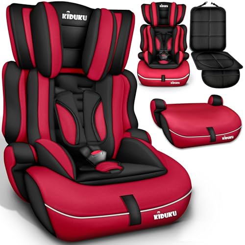 KIDUKU Seggiolino auto con coprisedile, cresce con il bambino, sedile, universale, approvato con la normativa ECE R129/03, 9-36 kg (1-12 anni), gruppo 1+2+3 (Noir/Rosso)