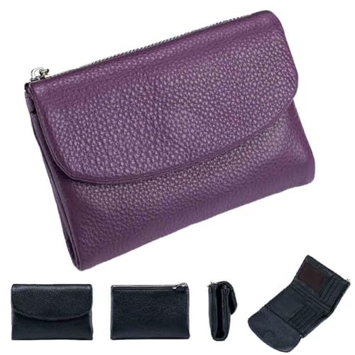 Unisex Leather Wallet,5.3 In Short Genuine Leather Coin Purse with Credit Card Holder,Clutch Bags,Small Wallets for Women,Coin Holder & Cash Slots,RFID Protected (Purple)
