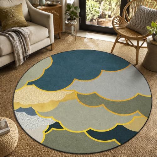Tapis jaune rond moderne de 90 cm lavable pour décoration de chambre