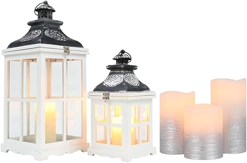 JHY DESIGN Juego de 2 faroles decorativos de madera blanca para velas de 21.5 y 14 pulgadas, faroles de metal alto para interiores y exteriores, disponible en Yaxa Colombia