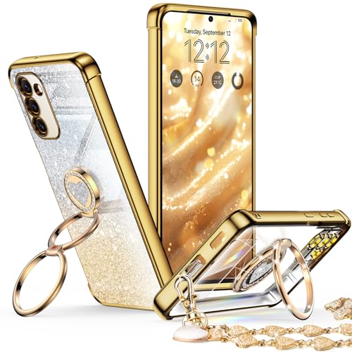 XYZ for Samsung Galaxy S23 Back Cover Case with Stand, Galaxy S23 Case with Double Ring, Women Girls Bling Luxury Glitter Clear Phone Case Cover for Samsung Galaxy S23, Gold