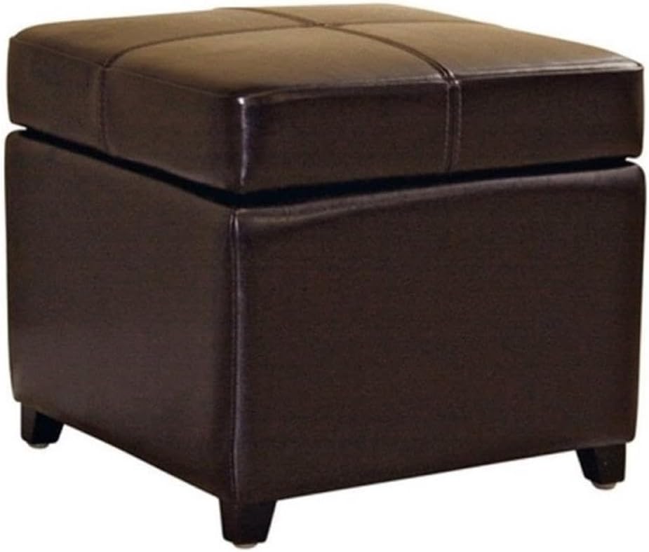 Pemberly Row Square Leather Storage Ottoman, 18" H x 18" W x 18" D, Black Finish, Kiln-Dried Hardwood Frame, Lift-Top Design, Durable Upholstery, Panel Stitching, Versatile Home Living Room Furniture