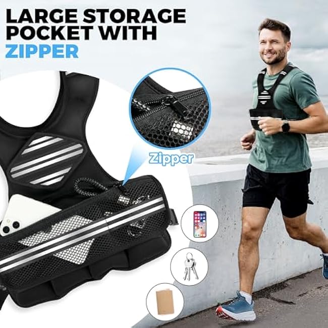 Adjustable Weighted Vest for Women Men, 6-18 LBS Weighted Walking Vest with 8 Ironsand Weights & Reflective Strip, Strength Training Weight Vests for Running GYM Home Workout, Large Zippered Pocket