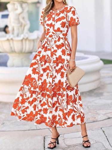 Image of BTFBM Womens Summer Floral Maxi Dresses V Neck Short Sleeve Boho Casual Flowy Long Wedding Guest Dress Beach Vacation