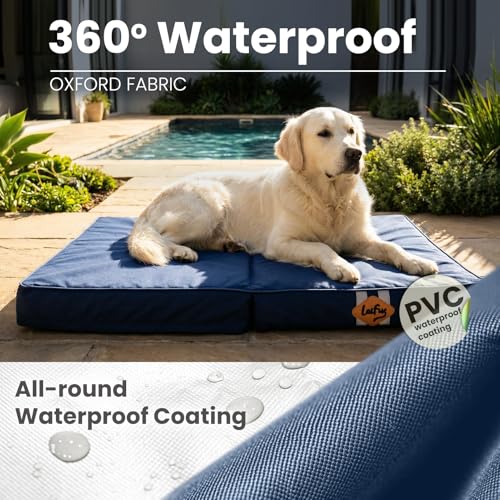 Image of Laifug Foldable Waterproof Dog Bed for Large Dogs - Outdoor Orthopedic Dog Bed with Washable Removable Cover, Pet Mattress with Handles, Navy Blue, (44 x 32 x 3.5 inches)