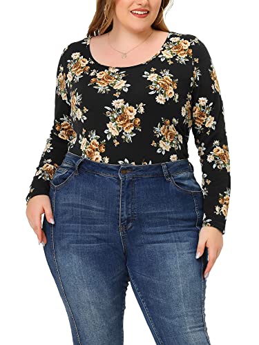 Agnes Orinda Top de Talla Grande para Mujer Vintage Floral Cuello Redondo algodón Manga Larga 1950s tee Top Negro 3XL Cover