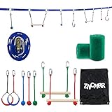 ZNCMRR Outdoor Backyard Ninja Line Hanging Obstacle Course,Ninja Warrior Training Equipment for Kids,40 FT Slackline Kit with 2 Monkey Bars,2 Gymnastic Rings &3 Fists
