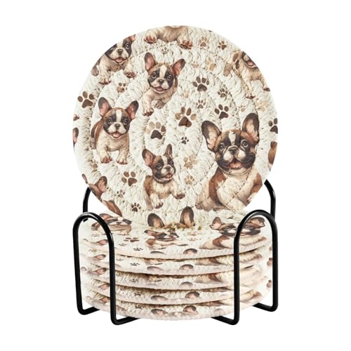French Bulldog Drink Coasters Set - 6 Pcs Minimalist Woven Coaste...