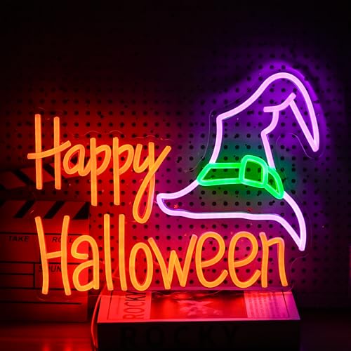 Image of Happy Halloween Neon Sign Mysterious Purple Green Hat LED Neon Light for Wall Decor Dimmable USB Powered Halloween Light Up Sign for Halloween Decor Home Spooky Party bedroom Decor(16.5 * 12.6 In)