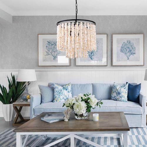 Wellmet Black Natural Capiz Shell Chandelier, 5 Lights Boho Coastal Dining Room Light Fixture, Beach Seashell Ceiling Pendant Lighting for Entryway, Living Room, Bedroom, Kitchen, Foyer, Dia-20in - Image 5