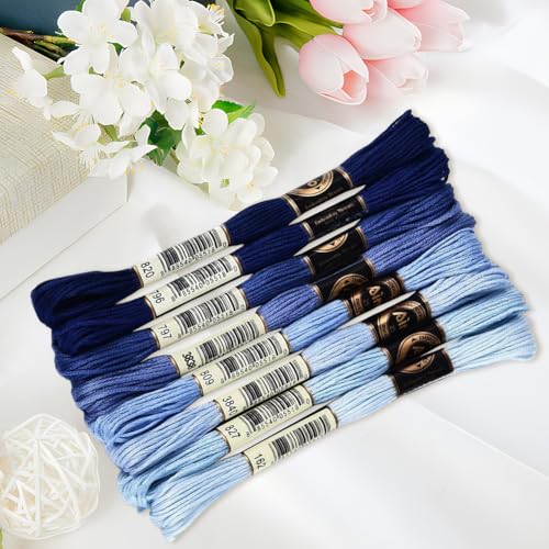Image of 70 Yards 8 Skeins Gradient 6 Strands Blue Embroidery Thread Variegated Friendship Bracelet Floss Cross Stitch String Polyester Threads Bulk Set for Hand Sewing Making Needlecraft DIY Supply