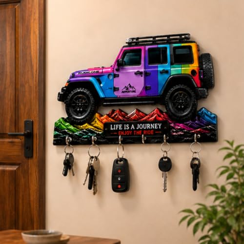 Image of Webelkart Wooden HD UV Multi Printed Mahindra Thar Car Shape Designer Key Holder Home and Office Decor Key Chain Holder for Office Decor,Key Hanger (11 X 6 Inch)