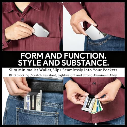 Image of Minimalist Wallet for Men, Slim Metal RFID Blocking Wallet Credit Card Holder Money Clip & Cash Strap, Scratch-Resistant Holds 15 Cards,Ideal Gift for Men | Matte Silver