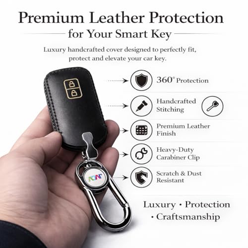 Image of JVCV Car Styling Soft Handmade Leather Key Cover Compatible with Suzuki Jimny Fronx Grand Vitara Victoris Baleno XL6 Swift Ertiga, Dzire Urban Cruiser Glanza, Hyryder (2 Button Smart Key, Black)