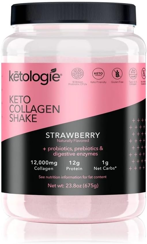 Ketologie Batido de colágeno Keto (fresa) - con aceite de coco, probióticos, péptidos de colágeno hidrolizados alimentados con pasto tipo I y III,