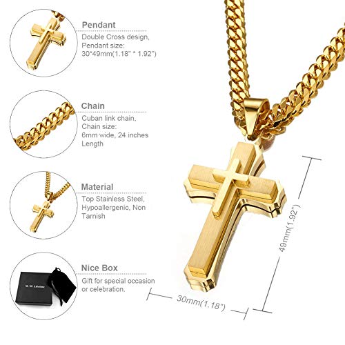 Cross Necklace for Men Boys Pendant Necklace Stainless Steel Double Cross Necklace with 24 inches Cuban Link Chain3