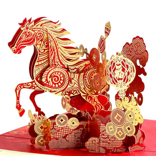 BIZIBAFF 3D Pop-Up Chinese New Year Card & Decorations 2026 - Year of The Horse - Handmade Lunar New Year Greeting Cards with Envelope, Unique Spring Festival Gifts for Family & Friends