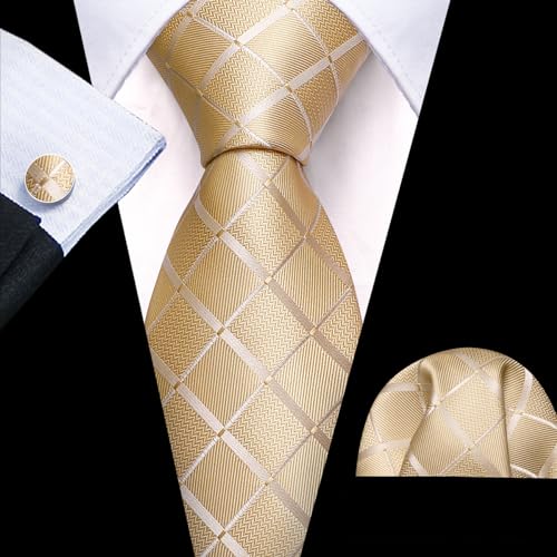 Image of Barry.Wang Plaid Ties Check Mens Necktie Set with Handkerchief Cufflinks Classic Stripe