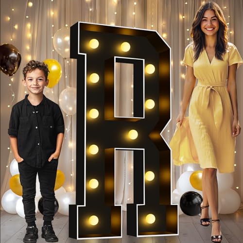 Image of Pooqla 4 FT Marquee Light Up Letters, Black Marquee Letter Lights 4 Feet Tall, Giant Letter Sign Big Mosaic Letters for Balloons Birthday Party Anniversary Wedding Decorations, Warm White Letter R