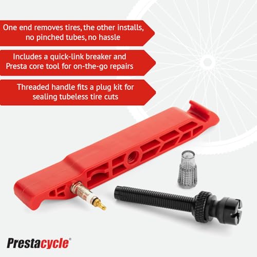 Image of Prestalever GO 4-in-1 Multi-Function Tire Lever Tool - ConGO Red (single) - Tire Remover & Installer, Presta Valve Core Tool, Quick-Link Chain Breaker, Lightweight Nylon Bike Repair