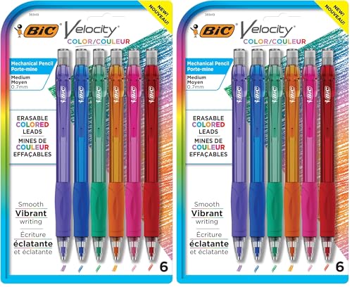 Image of BIC Velocity Mechanical Pencils with Colored Leads, Medium Point (0.7 mm), Perfect for Drawing and Journaling (MV7CP61-AST), 6 Count (Pack of 2)