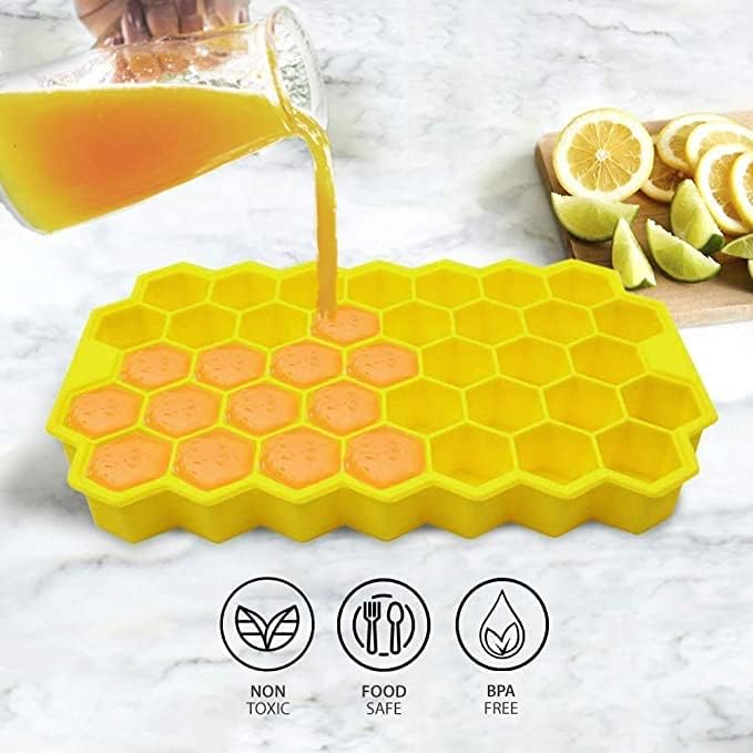 Image of BIDFUL [2 Pack] Silicone Ice Cube Trays for Freezer with Lid - 37 Grid Yellow Ice Cube Mold, Easy-Release Flexible Ice Trays, Reusable Stackable Ice Tray for Iced Coffee, Juice & Drinks