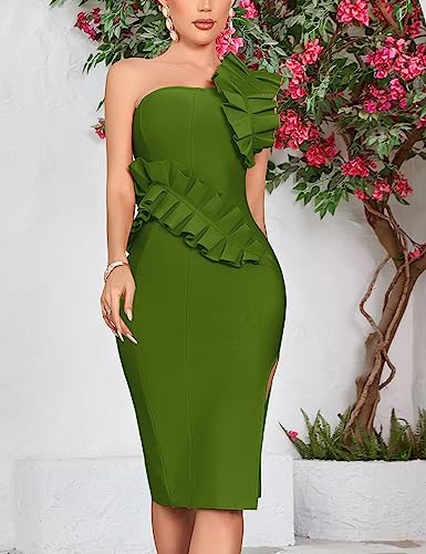 Image of houstil Women's One Shoulder Wedding Guest Dress Side Split Bandage Bodycon Midi Cocktail Club Dresses