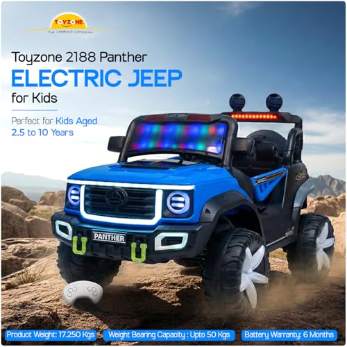 Image of Toyzone Panther Electric Jeep (Blue) | 12V Rechargeable Ride on with 5Ah Battery | Music Player with BT, USB & AUX | Smooth Acceleration | 6M Battery Warranty | Age 3-10 Years, Upto 50 kg