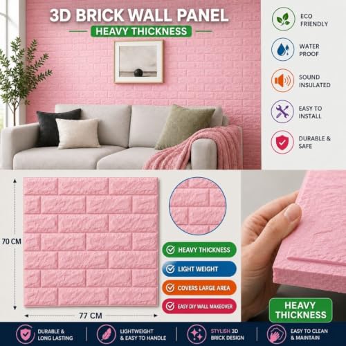 Image of 3D Brick Wallpaper for Wall | Self Adhesive PE Foam DIY Panel | Peel & Stick Decor for Home, Living, Bedroom & Office (70 x 77 cm, Appx 5.8 Sq Ft) (40, Pink)