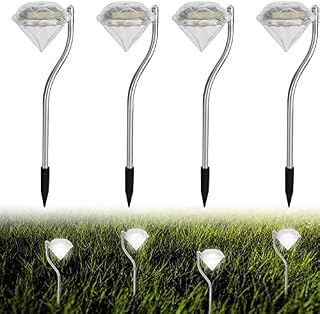 CUQOO 4 White Diamond Solar Stake Lights  Rechargeable Solar Lights Outdoor Garden | Waterproof Lights for Gardens, Patios, Pathways, etc. | Stainless Steel LED Outdoor Lights for Garden Solar Power
