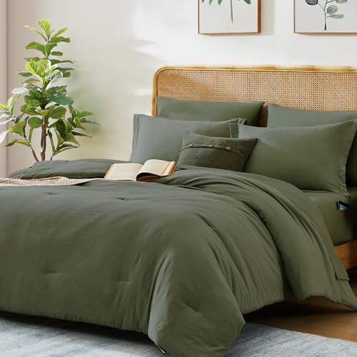 Image of Oversized Queen Comforter Set -7 Pieces Soft Bed in a Bag Queen Bedding Set | Prewashed All Season Comforter with Sheets, Pillow Shams & Pillowcases,Olive Green