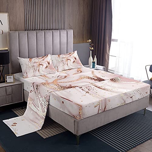 Rose Gold Marble Fitted Sheet Marble Bed Sheet Set For Kids Children Teens Golden Glitter Cracked Lines Bedding Set Liquid Abstract Art Bed Cover Single Size 3Pcs