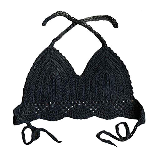 YOLIA Women Crochet Camisoles Crop Tops Summer Bikini Bra Handmade Halter Vests Black