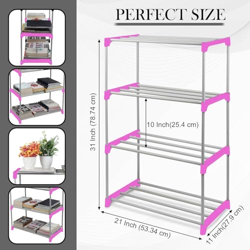 Image of 4 Layer Modern Simple Home Library, Book Stand Book Shelf with Storage Display Rack Open Bookcase Showcase Stand Book Rack for Study Room (Pink)