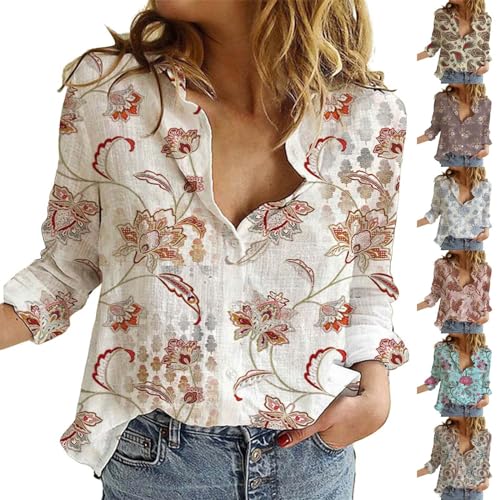 Camisetas femininas retrô de linho com estampa floral e gola V e manga comprida, Verde, GG